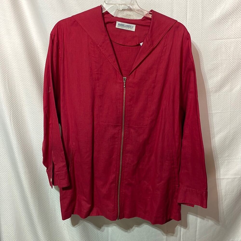Marsh Landing ll 2x red linen cotton full front zip long nautical jacket euc